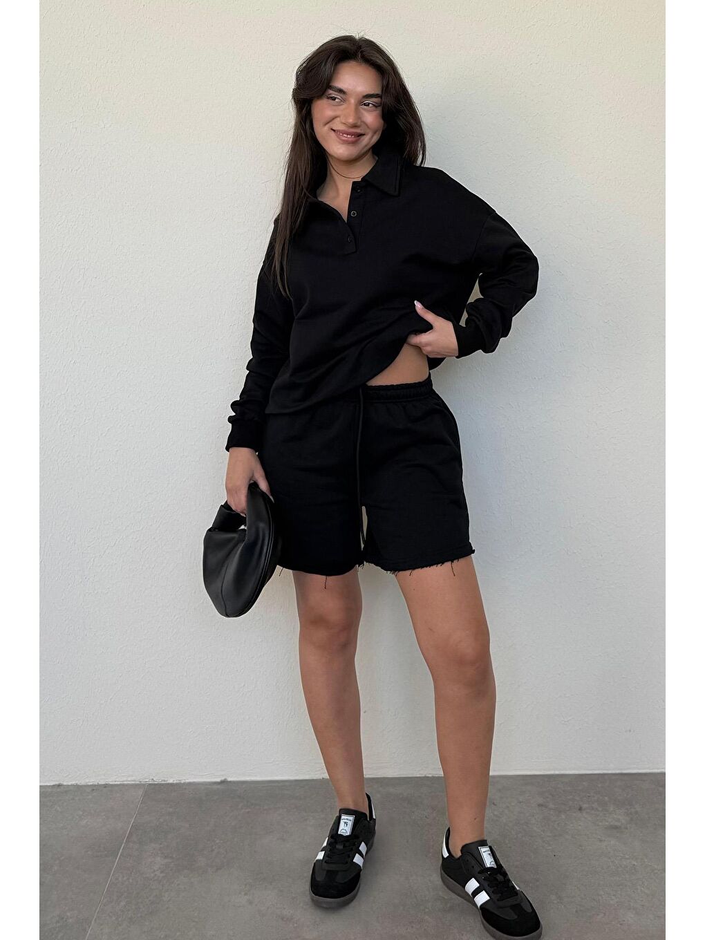 Siyah Polo Yaka Kadın Şort Sweatshirt Takım Mg2375-3