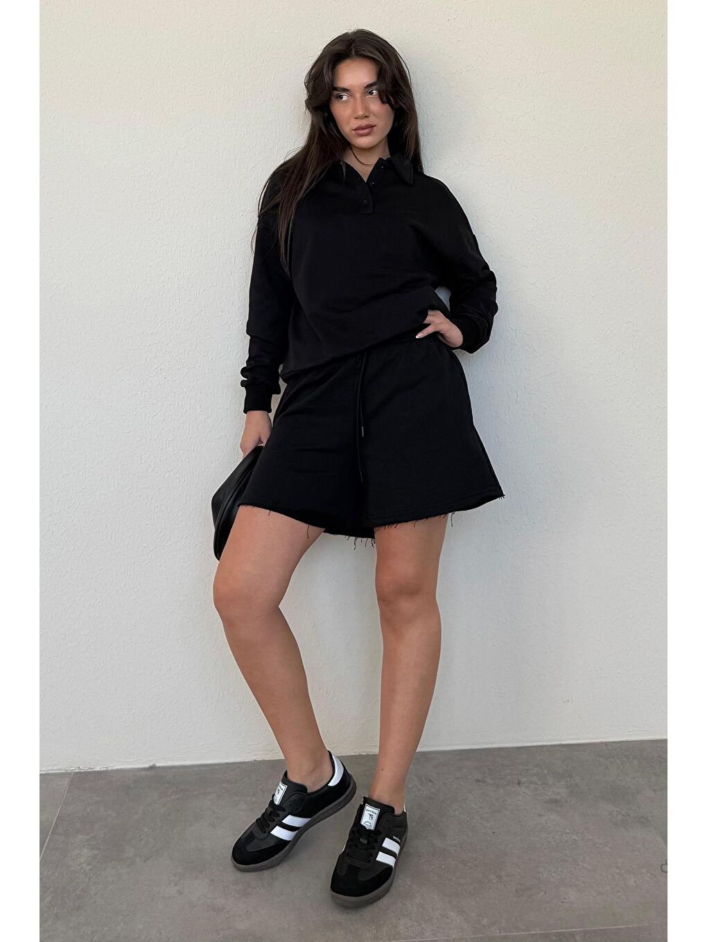Siyah Polo Yaka Kadın Şort Sweatshirt Takım Mg2375-4
