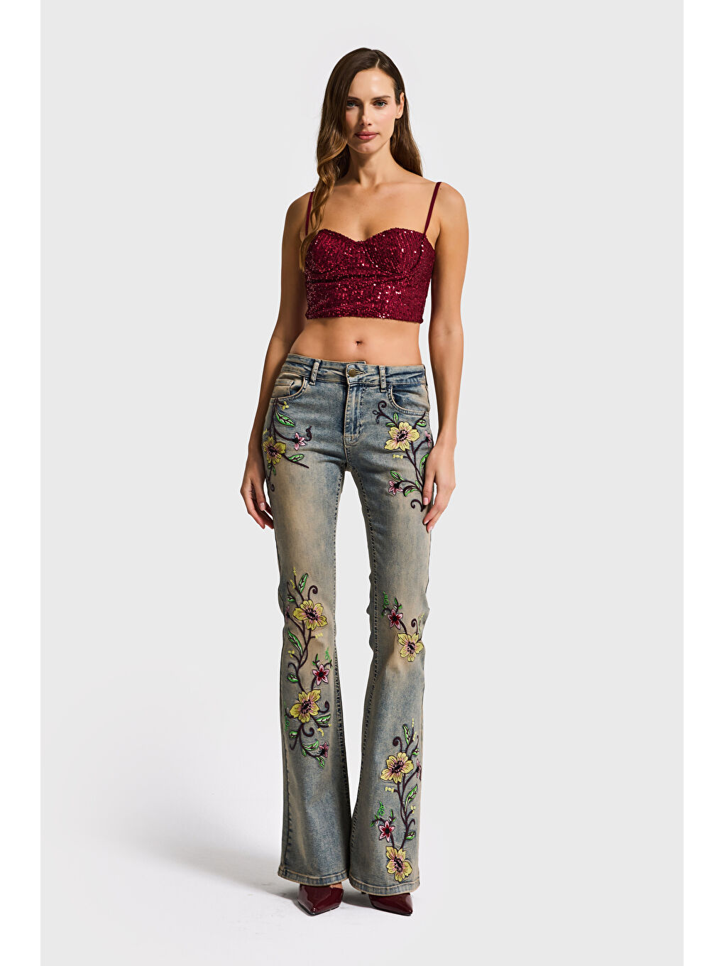 Kadın Bordo Renk Pul Payet Detaylı Askılı Büstiyer-4