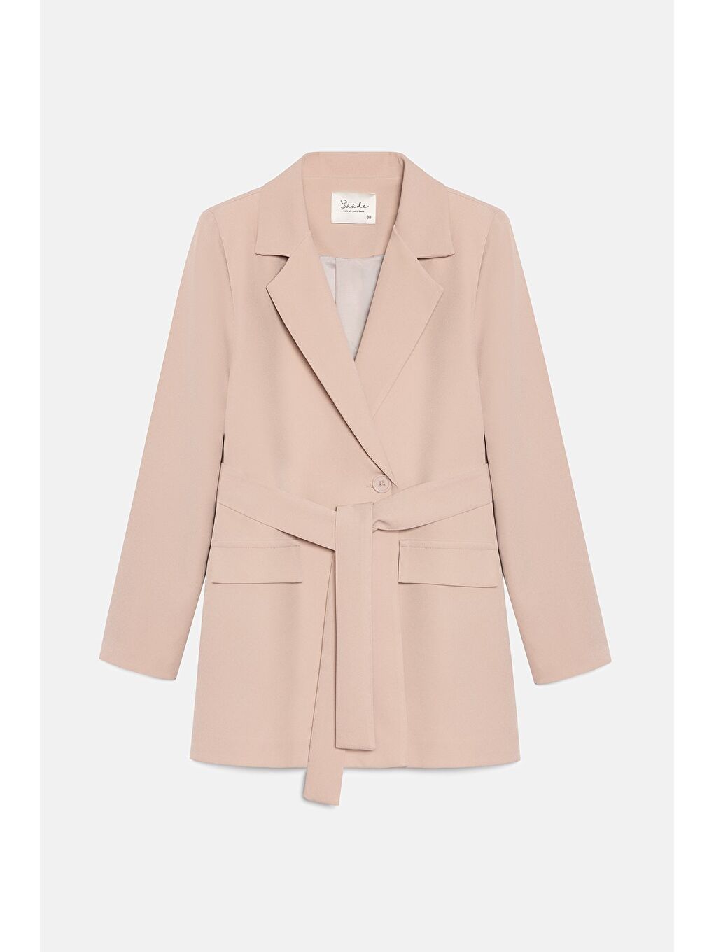 Bej Taş Kadın Tek Düğmeli Dokuma Kruvaze Blazer Ceket - Kuşaklı