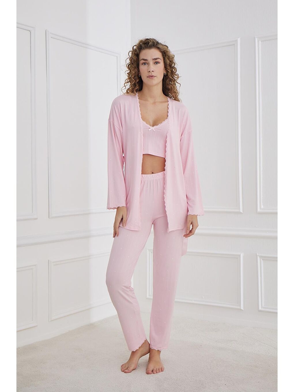 Kadın İp Askılı Sabahlıklı 3'Lü Pijamatakım | Pembe 80710-658