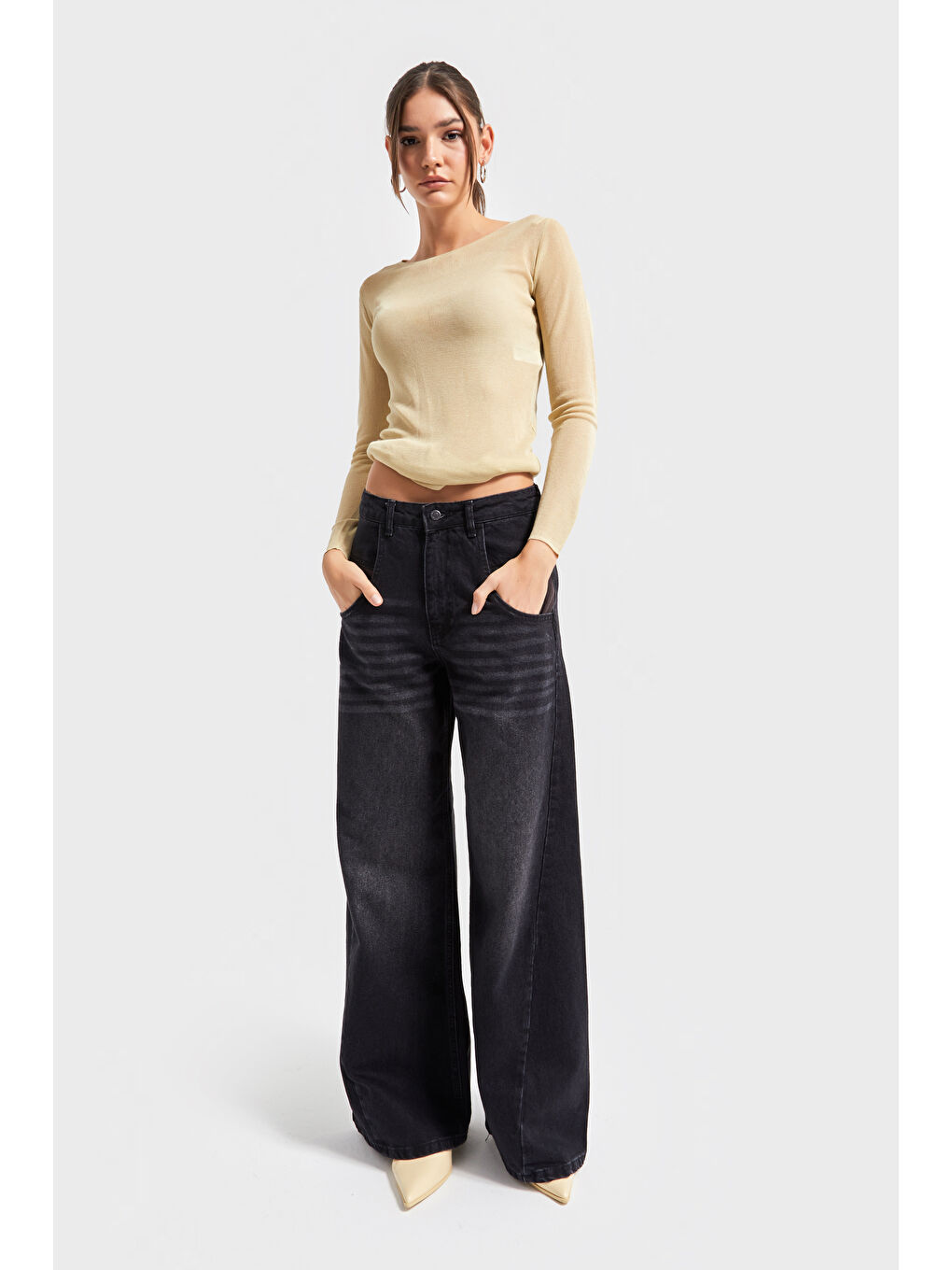 Gri Kadın Koyu Füme Renk 2w5-1 Palazzo Fit Bol Kesim Cep Detaylı %100 Pamuk Denim Jean-4