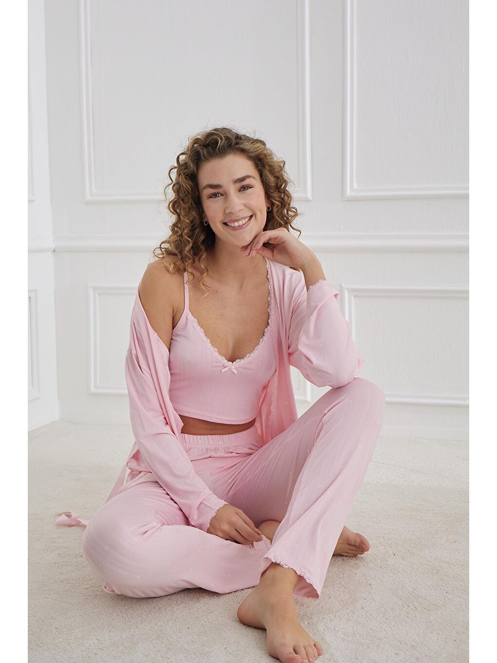 Kadın İp Askılı Sabahlıklı 3'Lü Pijamatakım | Pembe 80710-658-1