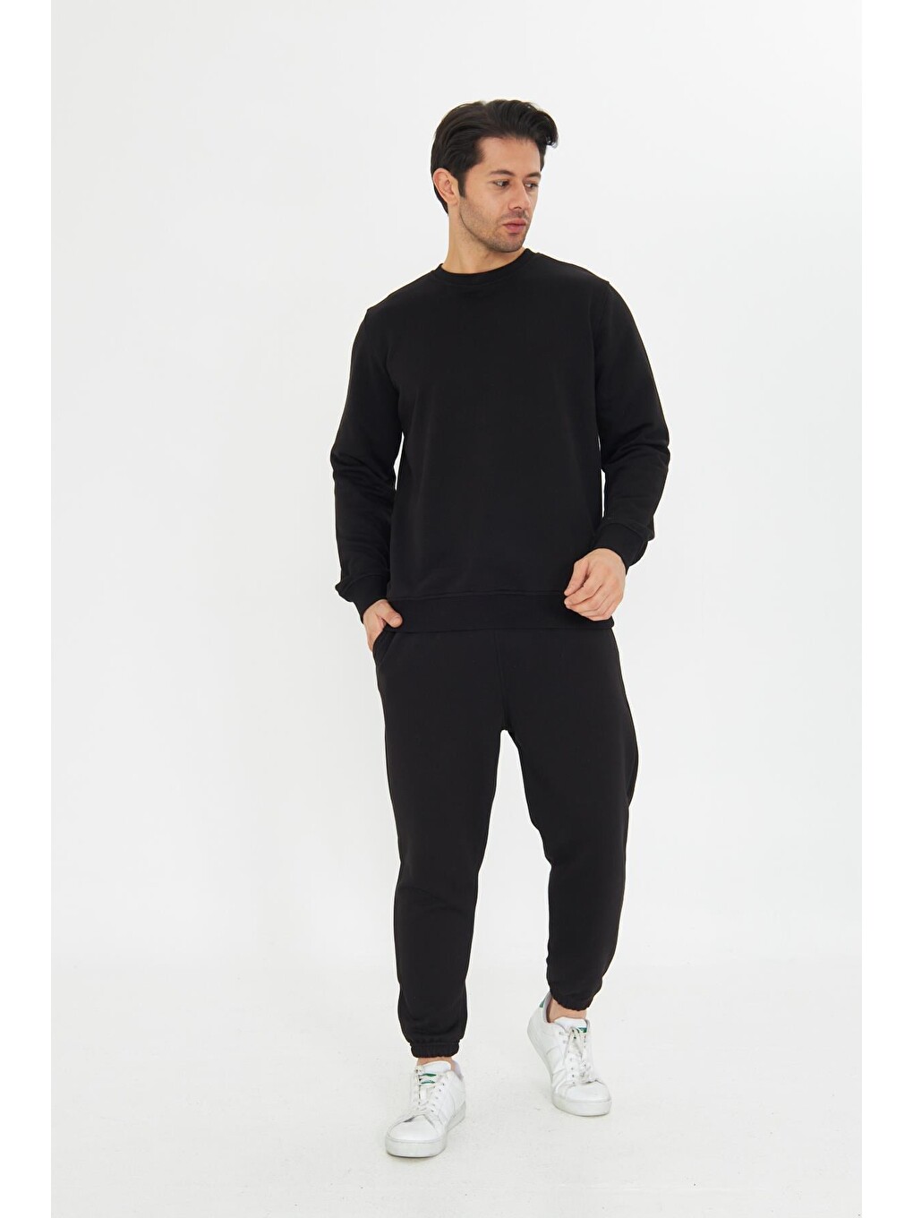 Siyah Şardonsuz 3 Iplik Pamuklu Basic Bisiklet Yaka Unisex Eşofman Takımı 5738-1