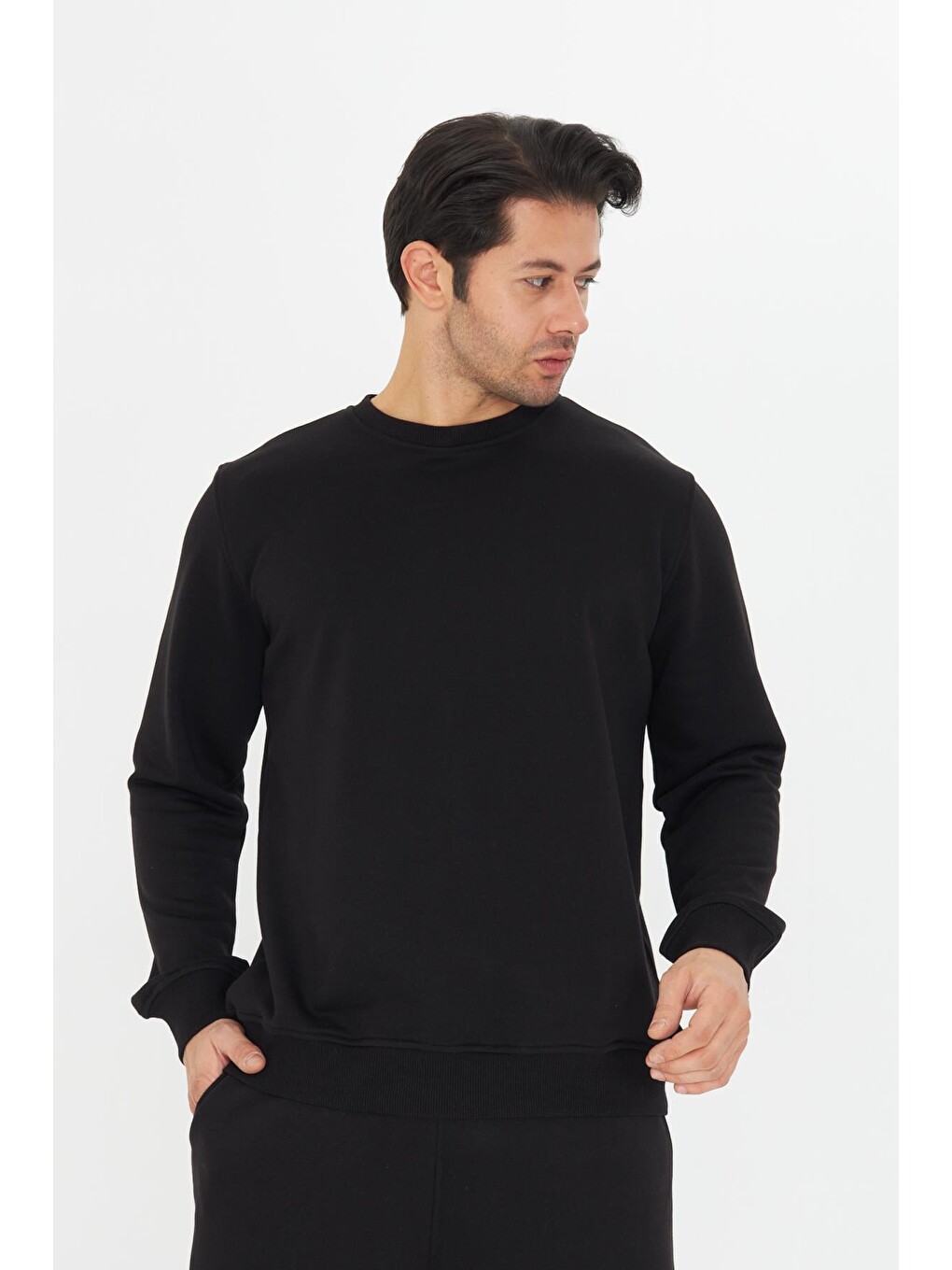 Siyah Şardonsuz 3 Iplik Pamuklu Basic Bisiklet Yaka Unisex Eşofman Takımı 5738-2