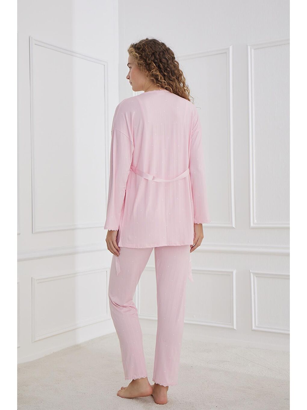 Kadın İp Askılı Sabahlıklı 3'Lü Pijamatakım | Pembe 80710-658-2