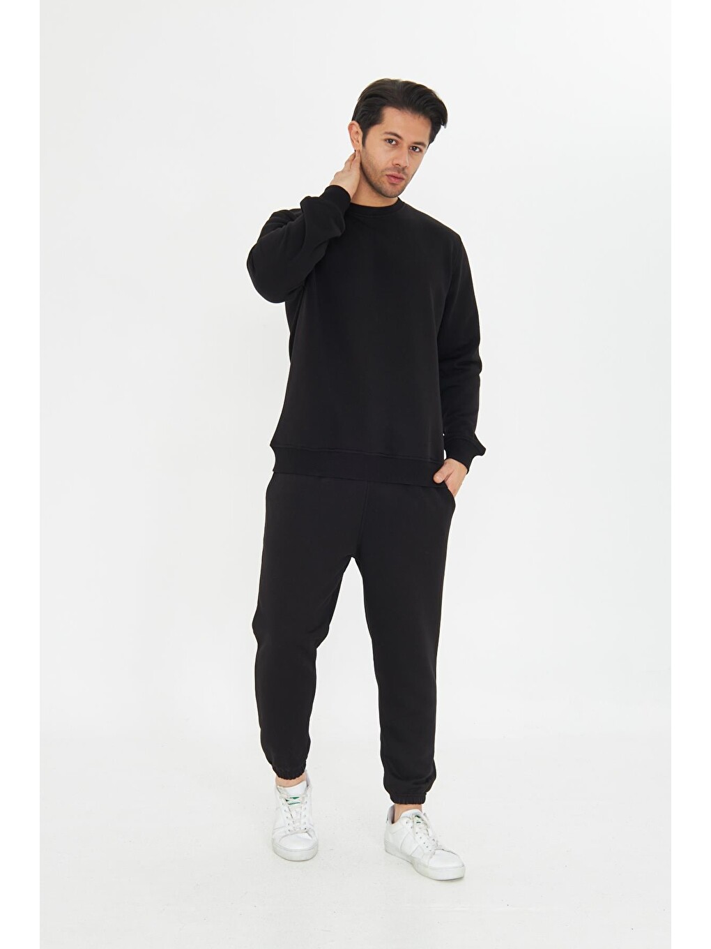 Siyah Şardonsuz 3 Iplik Pamuklu Basic Bisiklet Yaka Unisex Eşofman Takımı 5738-3