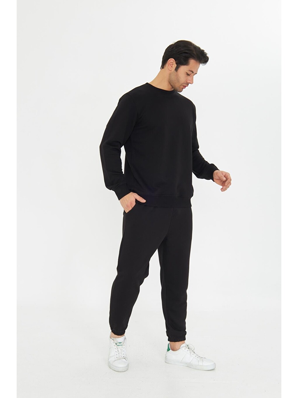 Siyah Şardonsuz 3 Iplik Pamuklu Basic Bisiklet Yaka Unisex Eşofman Takımı 5738-4
