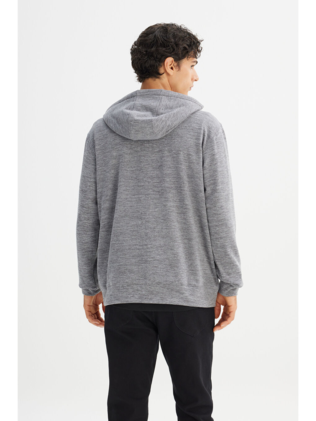 Gri Regular Fit Kapüşonlu Cepli İçi Polarlı Erkek Fermuarlı Sweatshirt Hırka-5