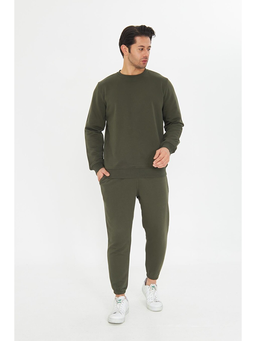 Haki Şardonsuz 3 Iplik Pamuklu Basic Bisiklet Yaka Unisex Eşofman Takımı 5738-1