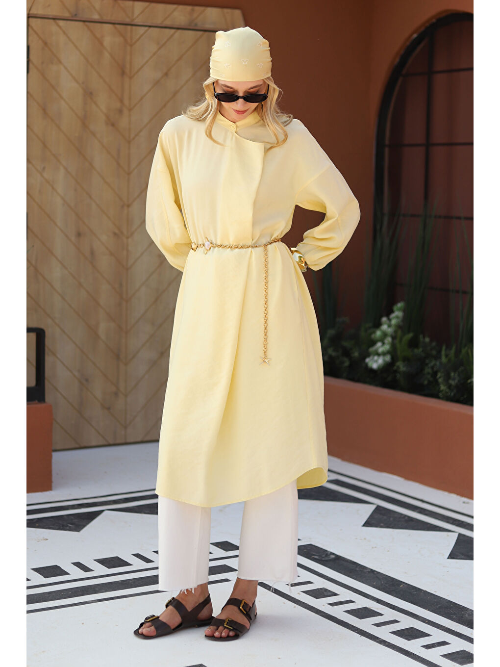 Yakası Geniş Pile Detaylı Tunik Soft Sarı-1