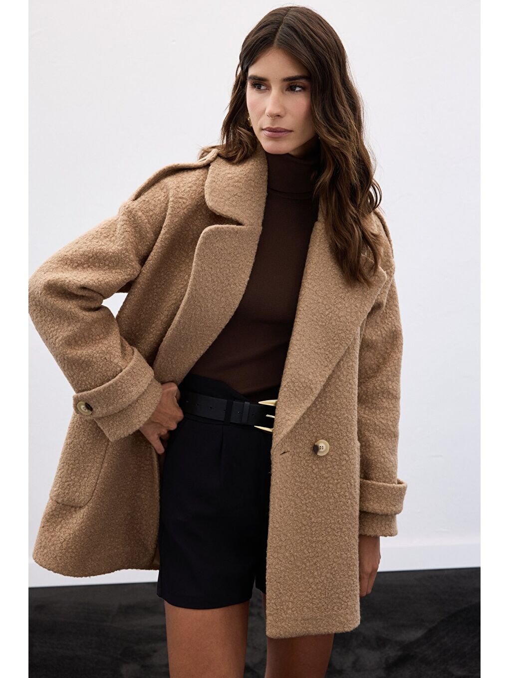 Kahverengi Buklet Kısa Kaban - Camel-1