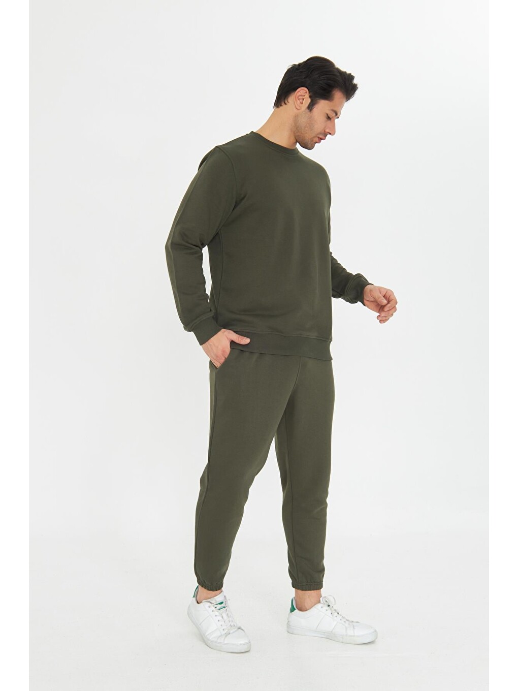 Haki Şardonsuz 3 Iplik Pamuklu Basic Bisiklet Yaka Unisex Eşofman Takımı 5738-2