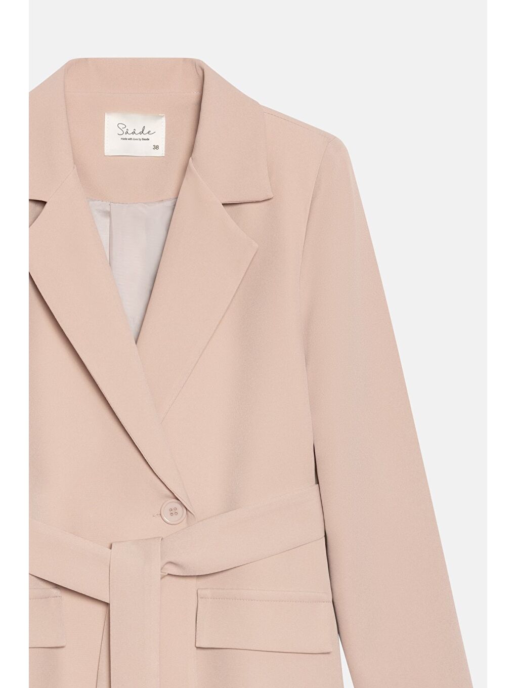 Bej Taş Kadın Tek Düğmeli Dokuma Kruvaze Blazer Ceket - Kuşaklı-1