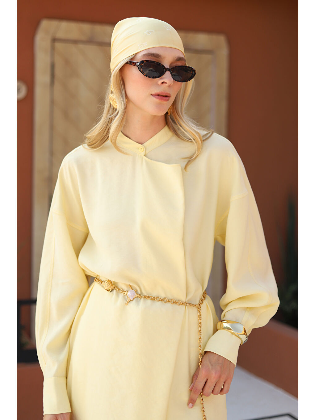 Yakası Geniş Pile Detaylı Tunik Soft Sarı-2