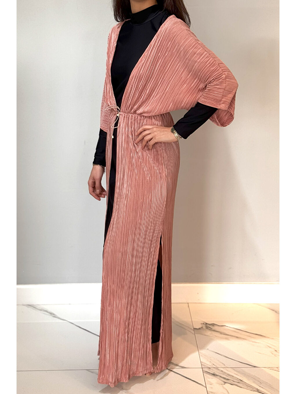 Pembe Piliseli Kimono Pareo Kaftan Bağlanabilir RPK004 Pudra-1