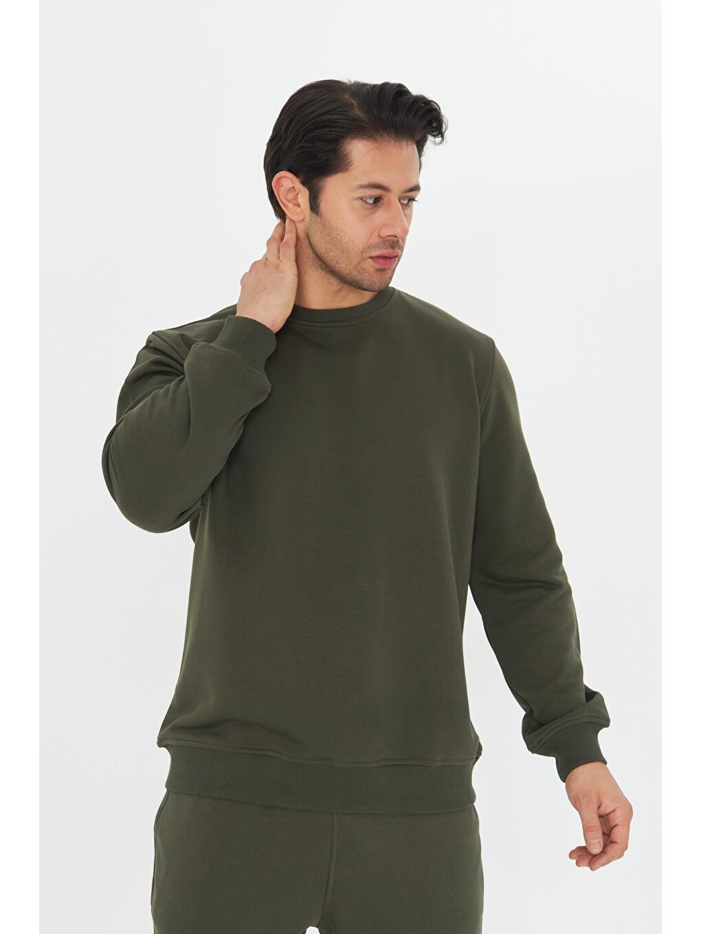 Haki Şardonsuz 3 Iplik Pamuklu Basic Bisiklet Yaka Unisex Eşofman Takımı 5738-5