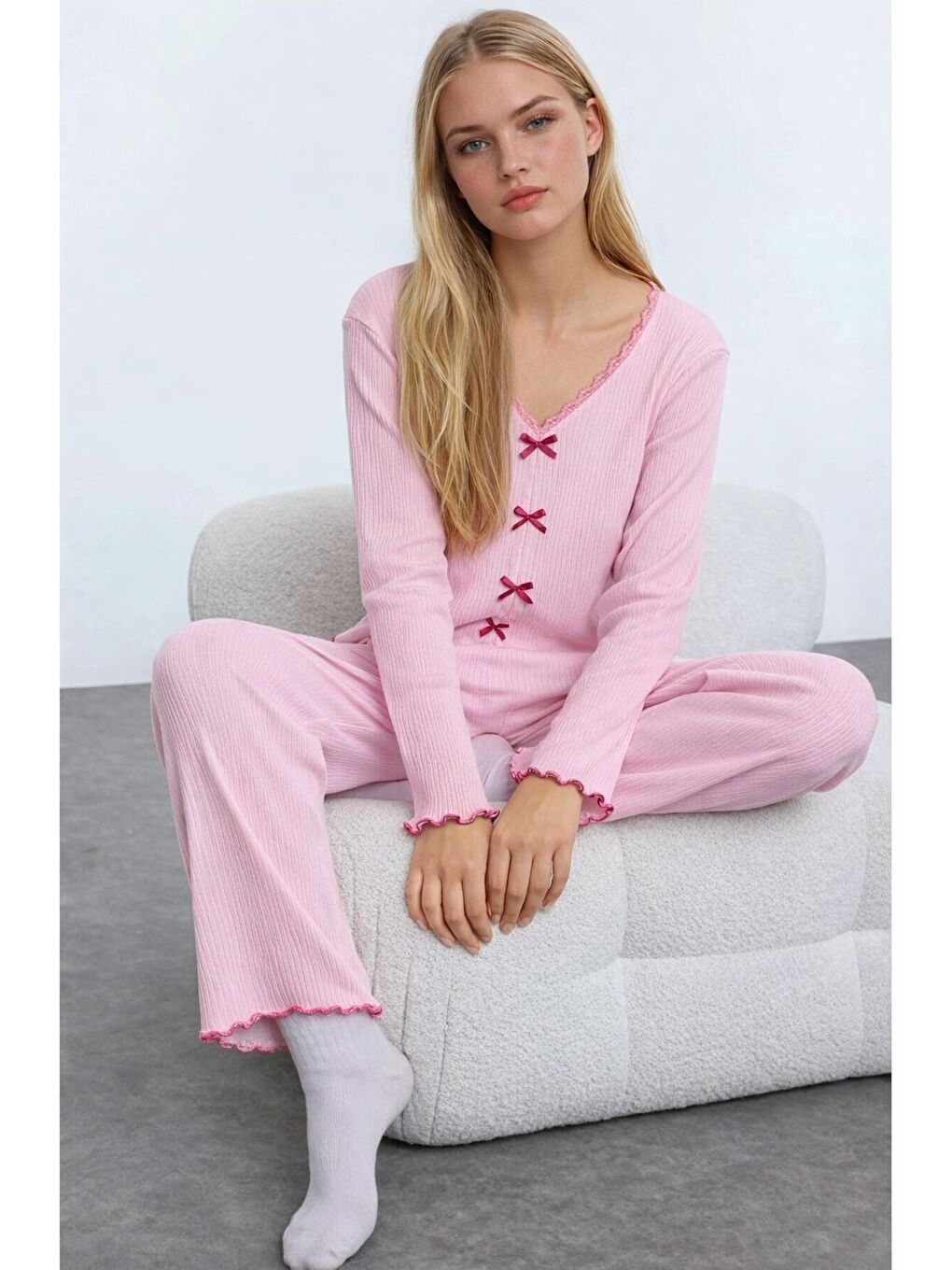 Pembe Pamuklu Dantel ve Fiyonk Detaylı Fitilli Örme Pijama Takımı-2