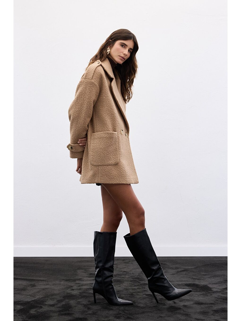 Kahverengi Buklet Kısa Kaban - Camel-5