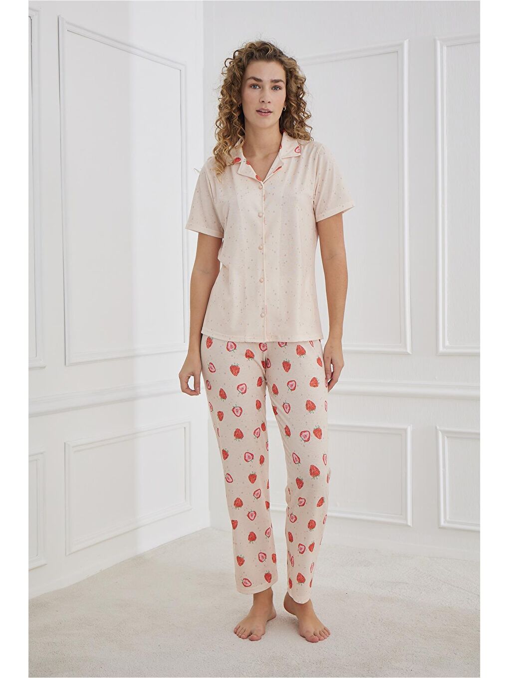 Pembe Kadın Desenli Polo Yaka Elastanlı Pijama Takım | Somon 70110-1223
