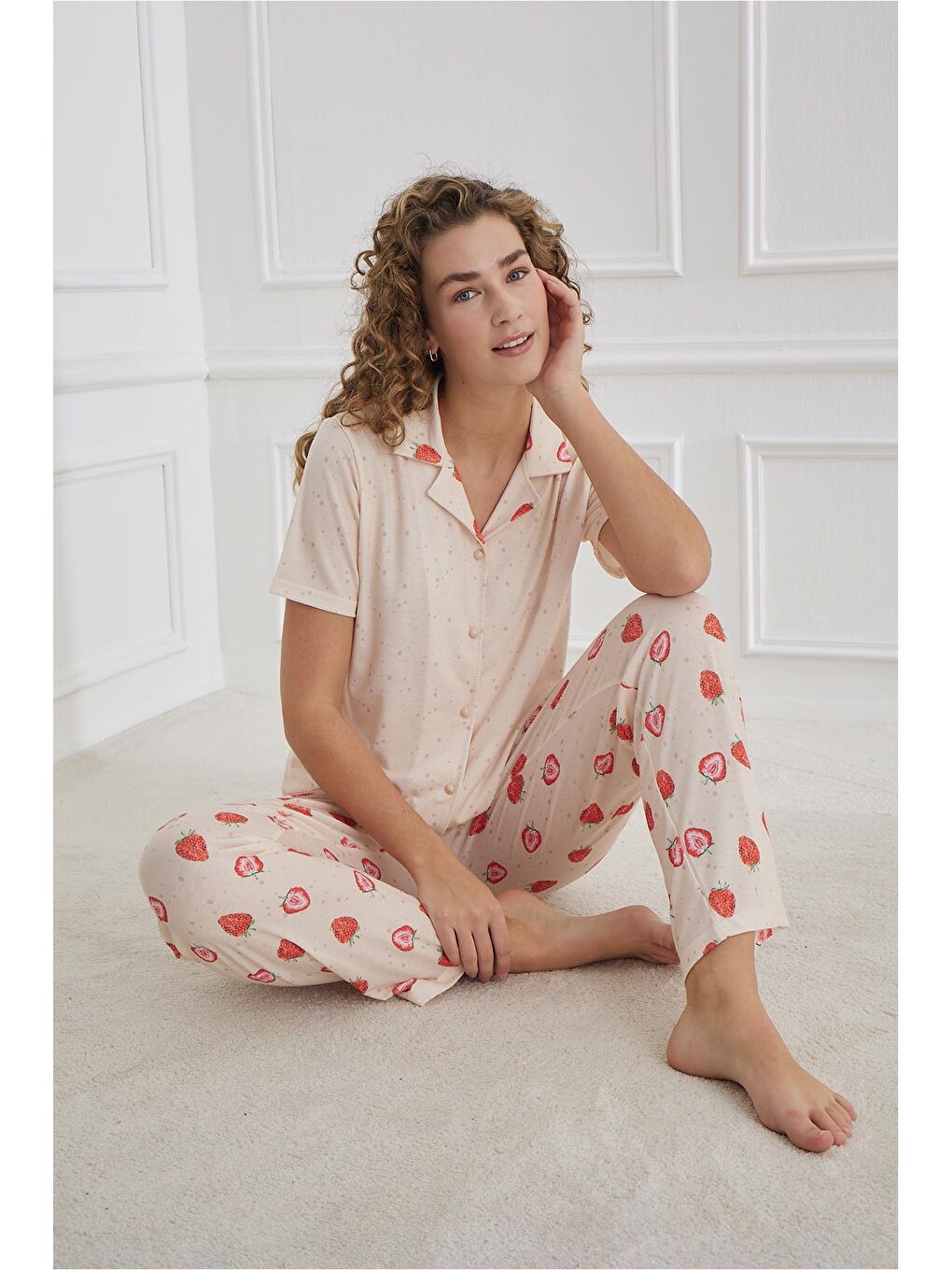 Pembe Kadın Desenli Polo Yaka Elastanlı Pijama Takım | Somon 70110-1223-1