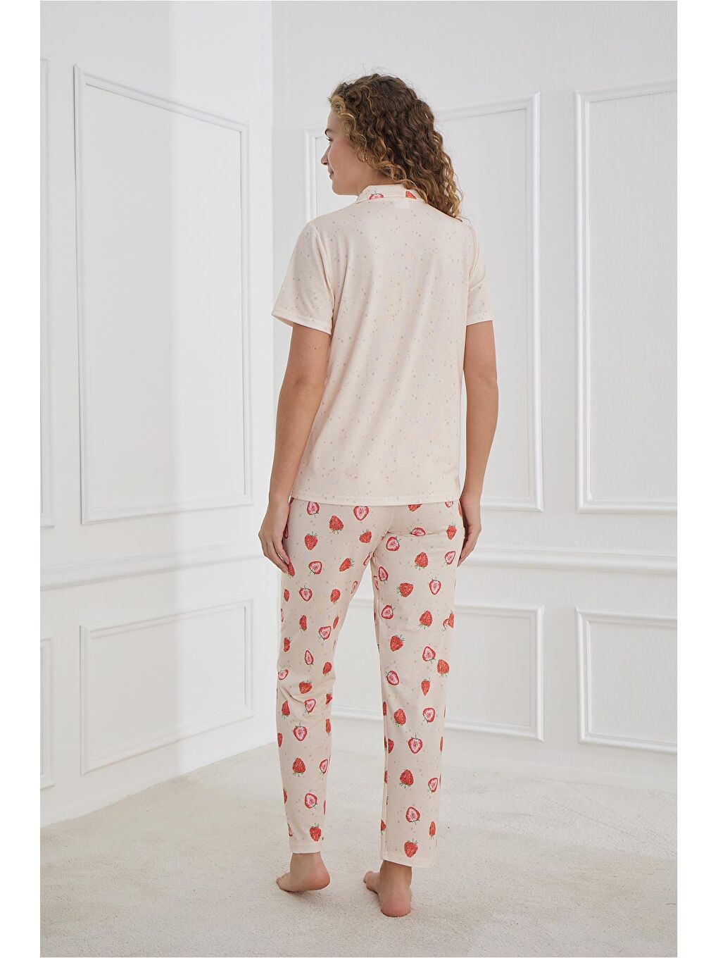Pembe Kadın Desenli Polo Yaka Elastanlı Pijama Takım | Somon 70110-1223-2