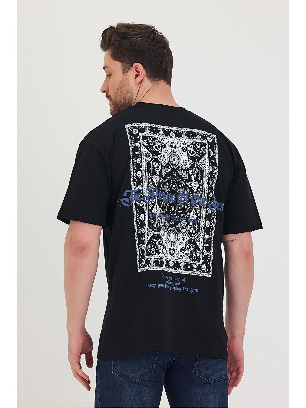 Siyah Bisiklet Yaka Oversize Ön ve Arka Baskılı Salaş Unisex Tişört-1