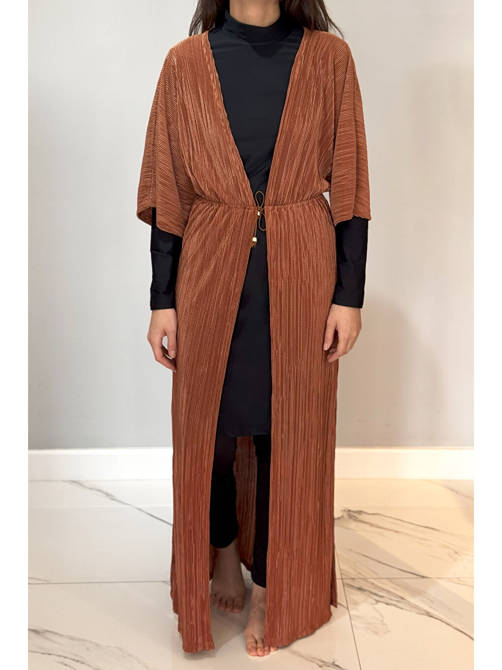 Kahverengi Piliseli Kimono Pareo Kaftan Bağlanabilir RPK004 Kahve