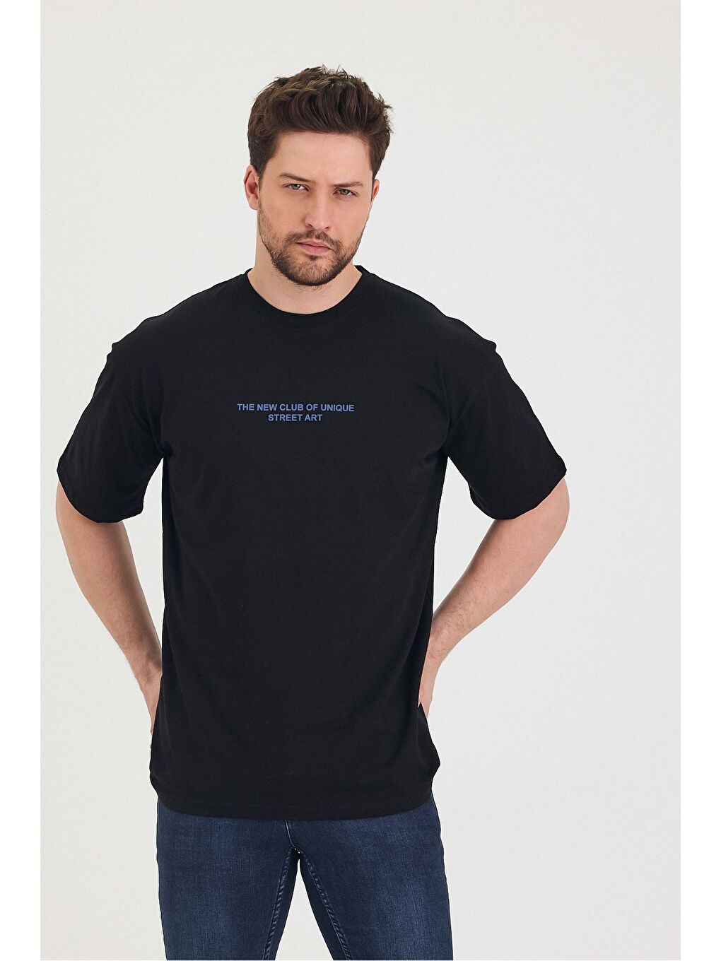 Siyah Bisiklet Yaka Oversize Ön ve Arka Baskılı Salaş Unisex Tişört-3