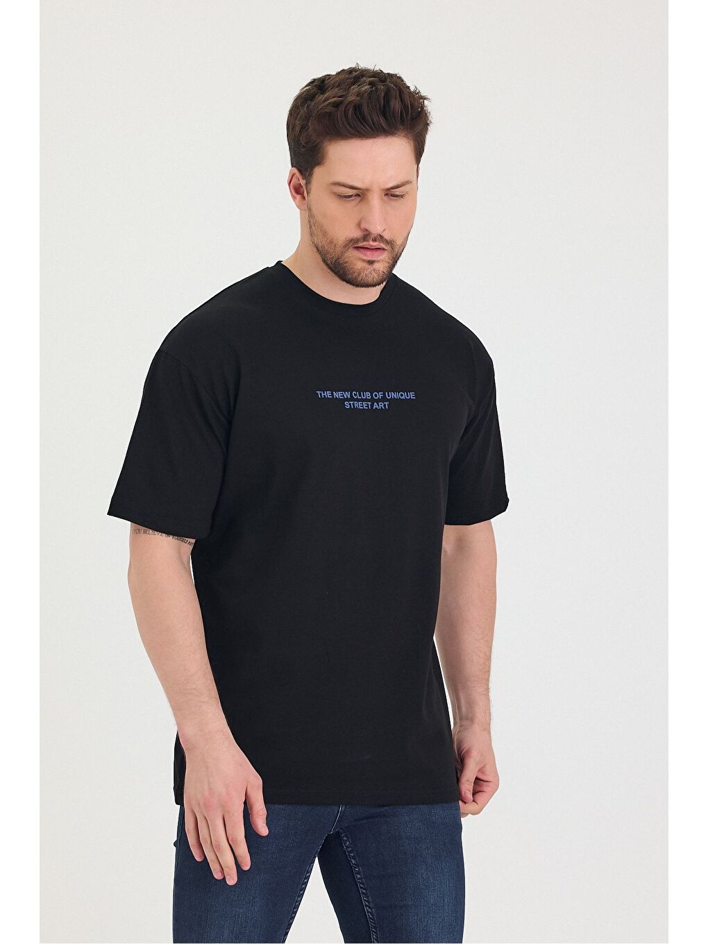 Siyah Bisiklet Yaka Oversize Ön ve Arka Baskılı Salaş Unisex Tişört-4