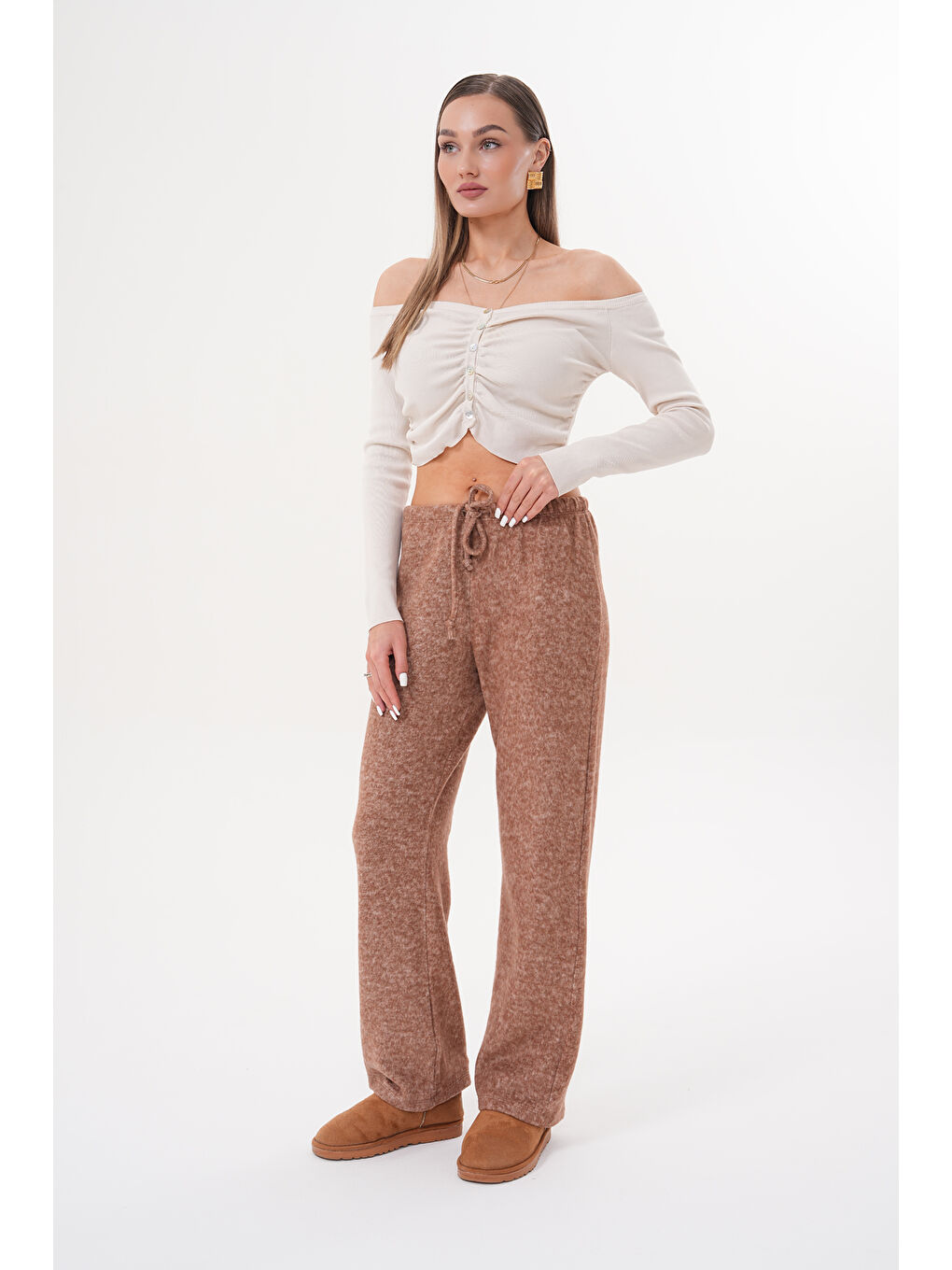 Kahverengi Kadın Pantolon Beli Lastikli Cepli Bol Örme Pantolon
