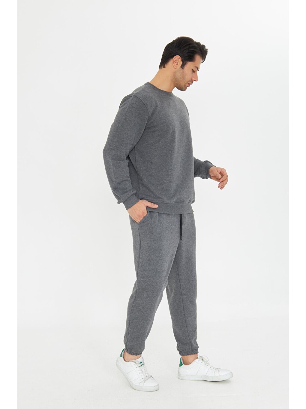 Antrasit Şardonsuz 3 Iplik Pamuklu Basic Bisiklet Yaka Unisex Eşofman Takımı 5738-3