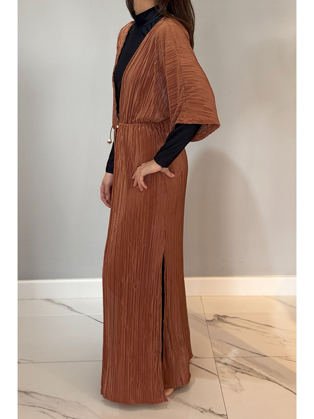 Kahverengi Piliseli Kimono Pareo Kaftan Bağlanabilir RPK004 Kahve-1