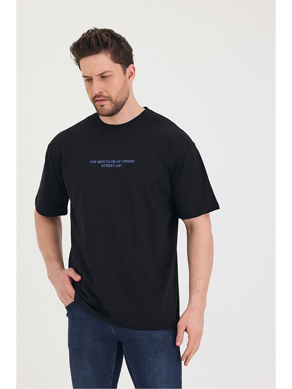 Siyah Bisiklet Yaka Oversize Ön ve Arka Baskılı Salaş Unisex Tişört-5