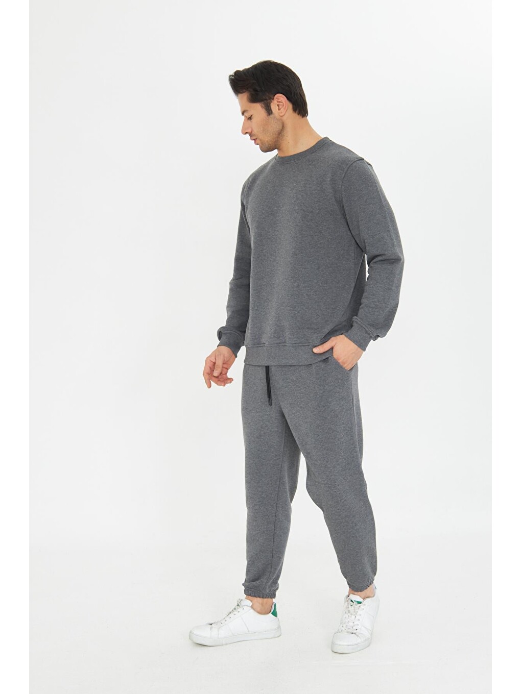 Antrasit Şardonsuz 3 Iplik Pamuklu Basic Bisiklet Yaka Unisex Eşofman Takımı 5738-4