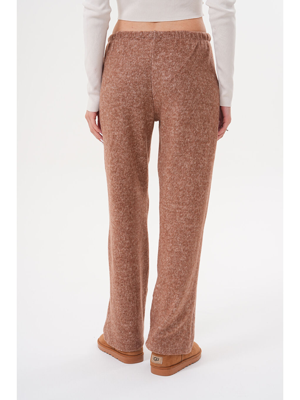 Kahverengi Kadın Pantolon Beli Lastikli Cepli Bol Örme Pantolon-1