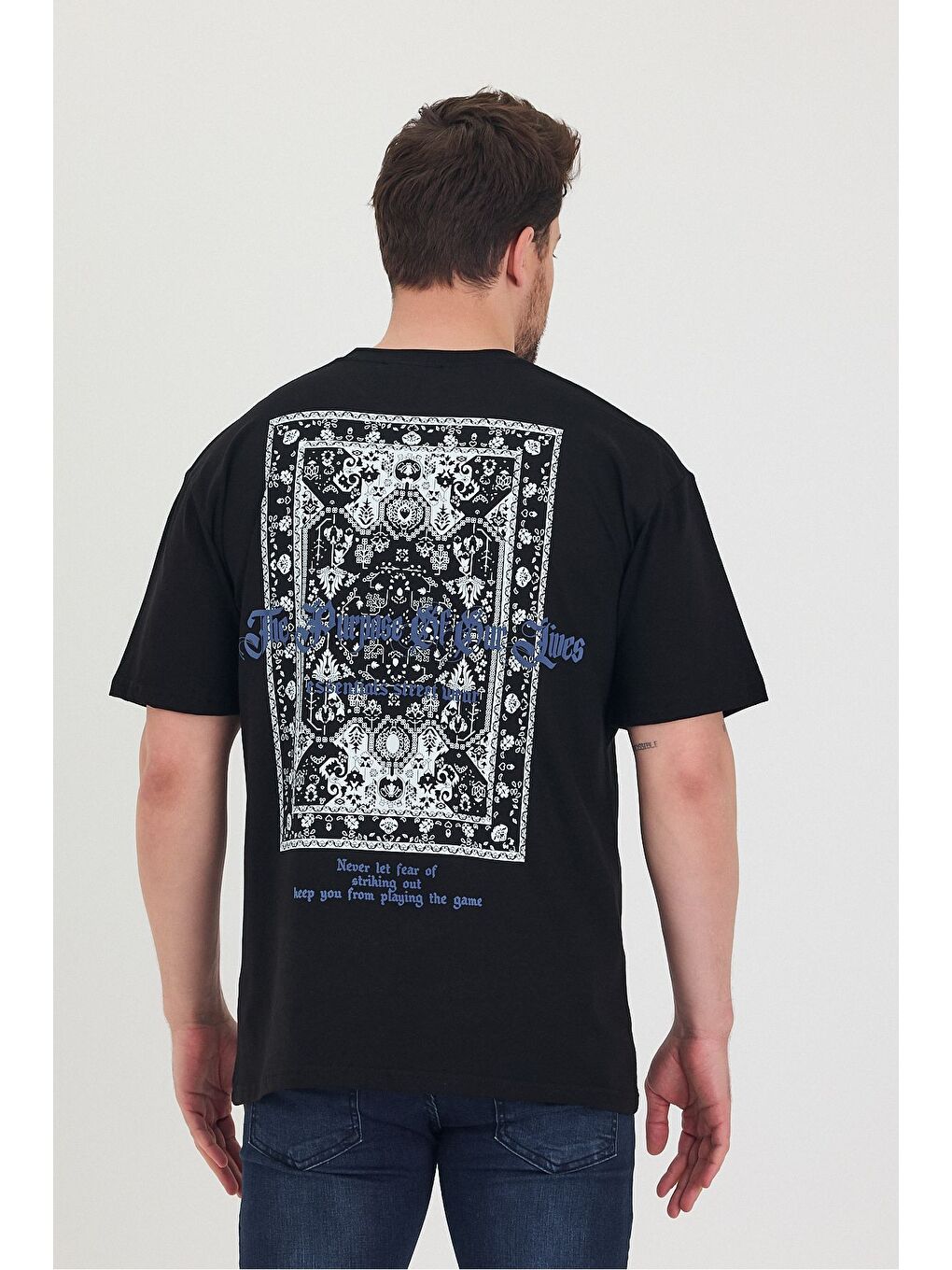 Siyah Bisiklet Yaka Oversize Ön ve Arka Baskılı Salaş Unisex Tişört-7