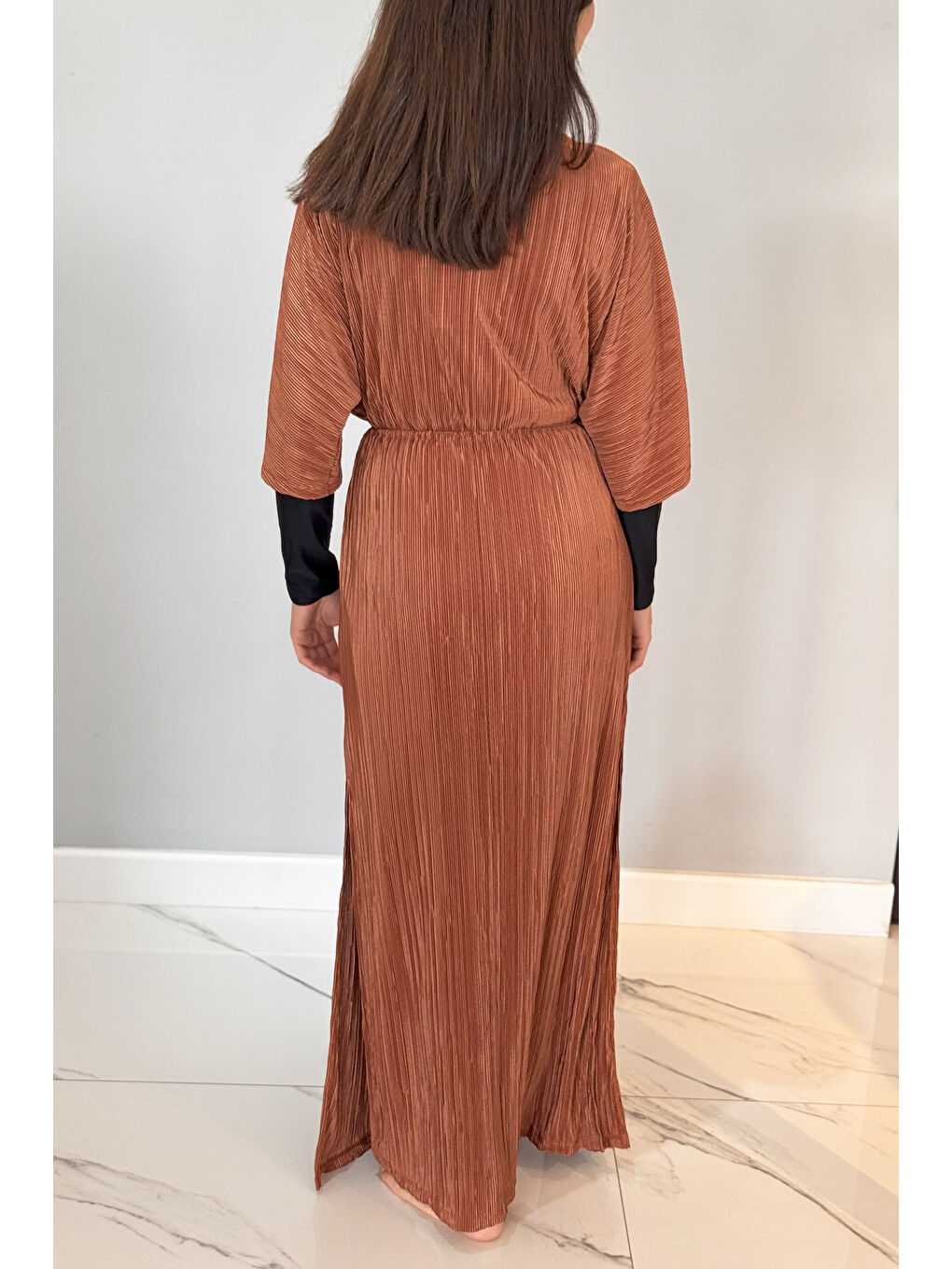 Kahverengi Piliseli Kimono Pareo Kaftan Bağlanabilir RPK004 Kahve-2