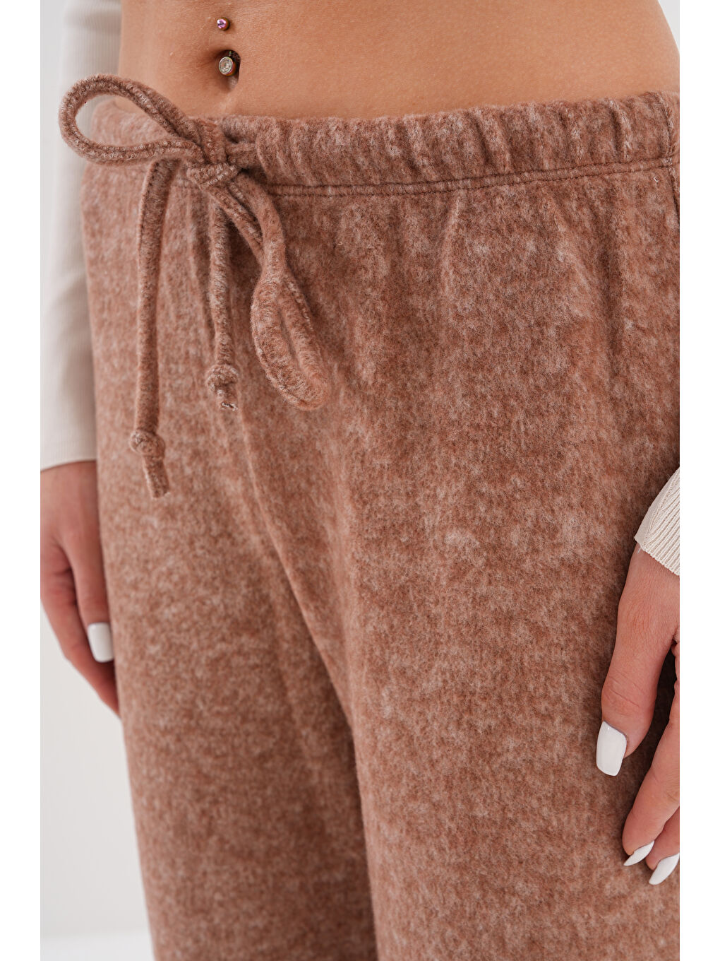 Kahverengi Kadın Pantolon Beli Lastikli Cepli Bol Örme Pantolon-3