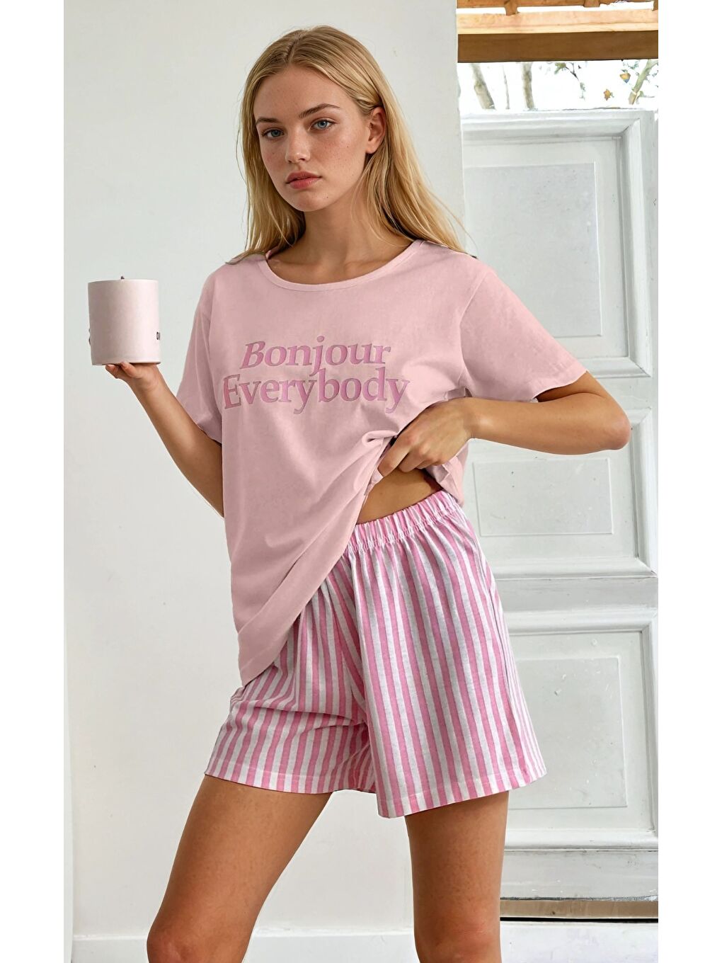 Kısa Kollu Şortlu Pijama Takımı Pembe-2