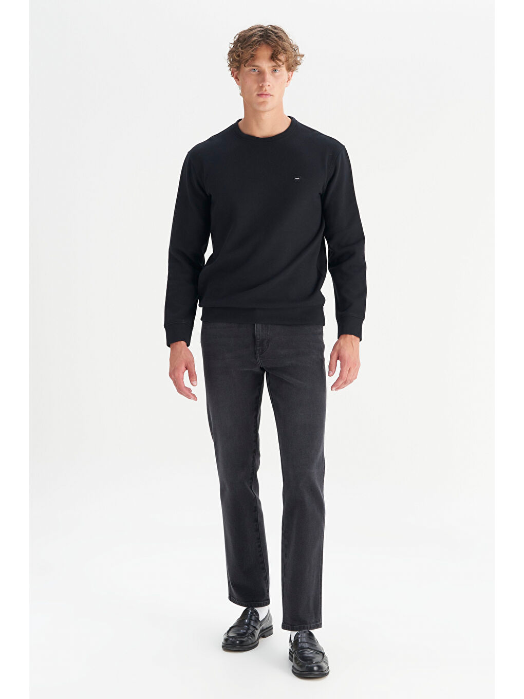 Siyah Pamuklu Regular Fit Bisiklet Yaka Selanik Örgü Sweatshirt-1