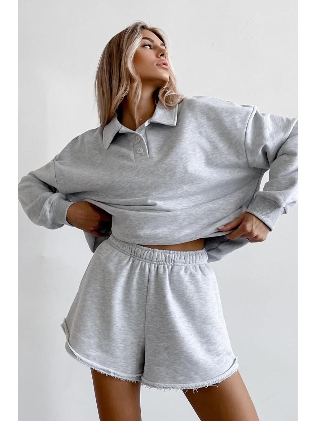 Gri Polo Yaka Kadın Şort Sweatshirt Takım Mg2375-1