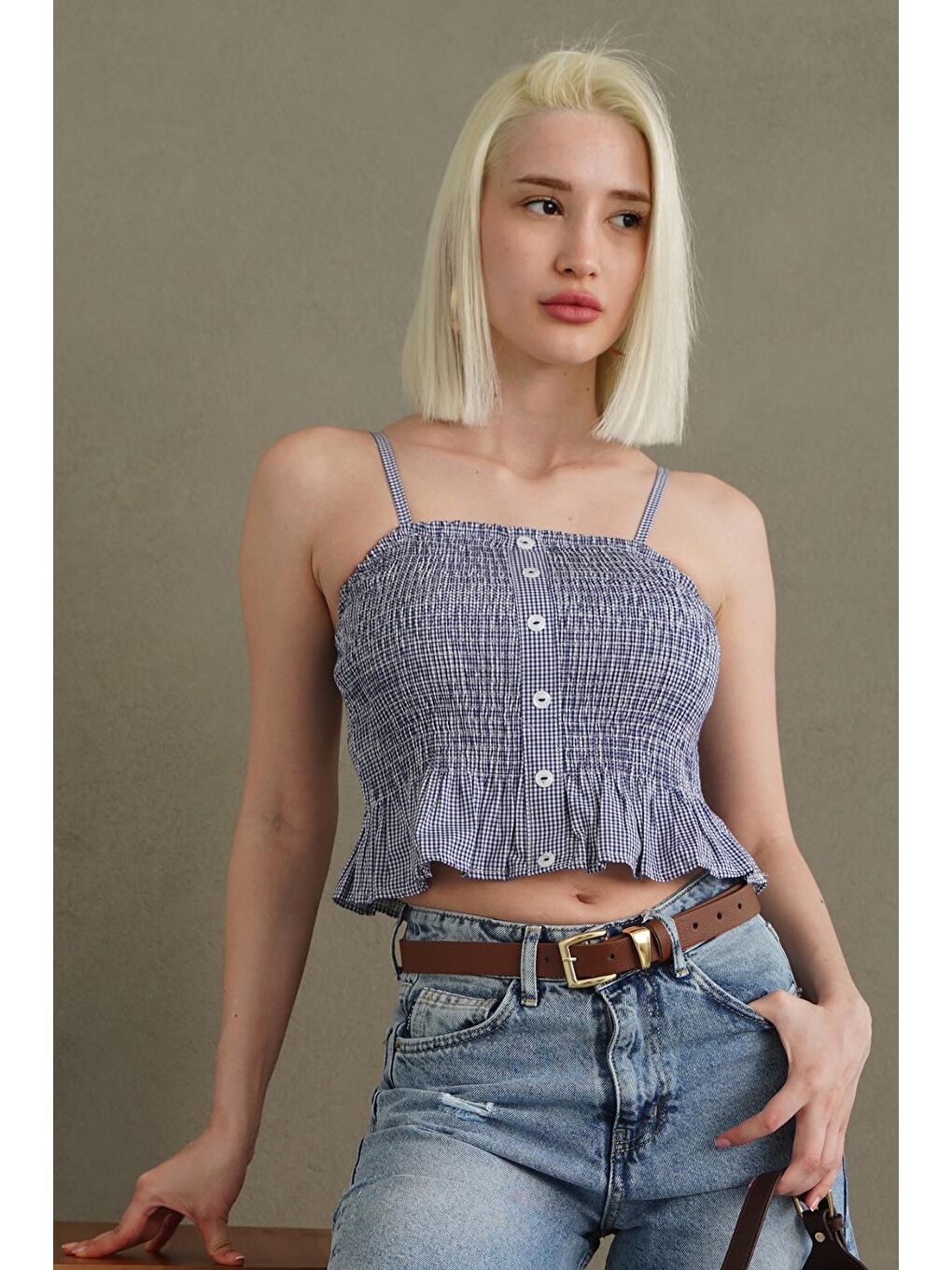 Mavi Saks Ayarlanabilir Askı Pötikareli Crop Mg2371-2