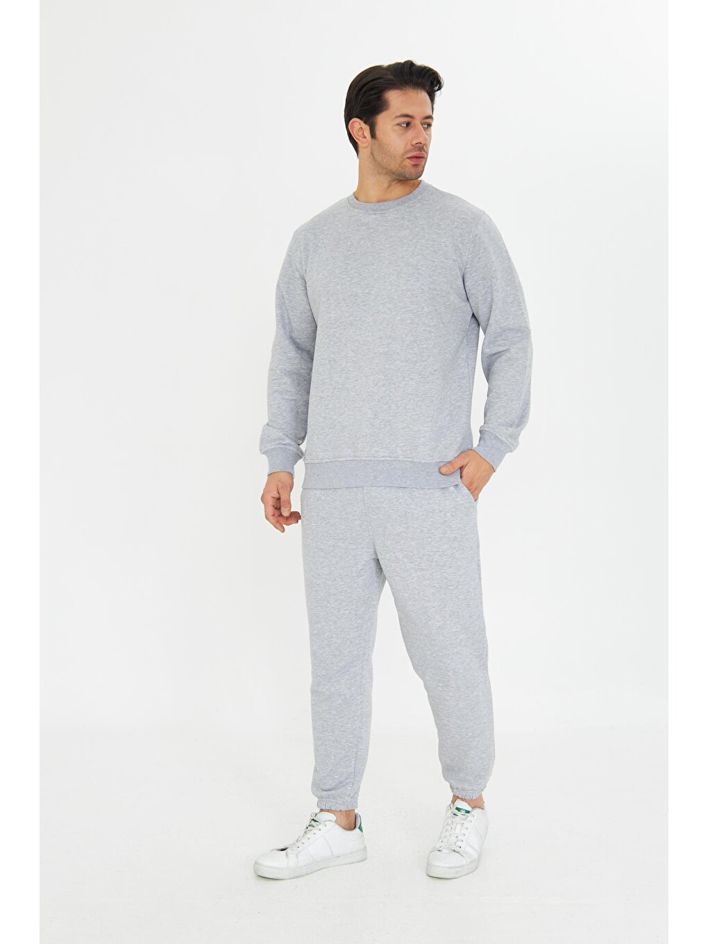 Gri Şardonsuz 3 Iplik Pamuklu Basic Bisiklet Yaka Unisex Eşofman Takımı 5738