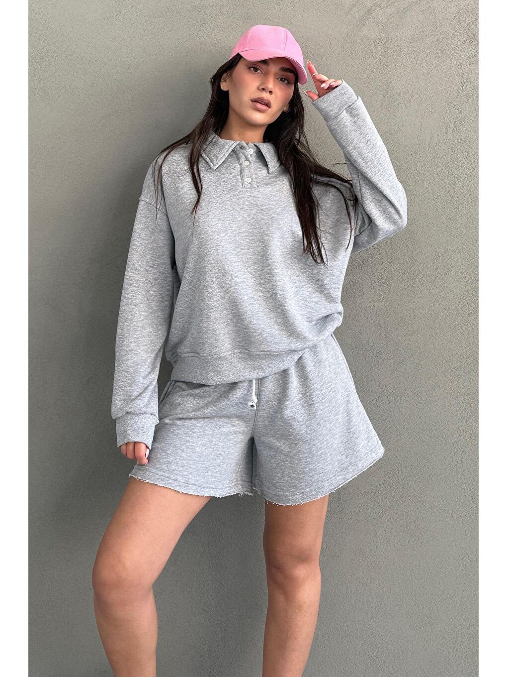 Gri Polo Yaka Kadın Şort Sweatshirt Takım Mg2375-2