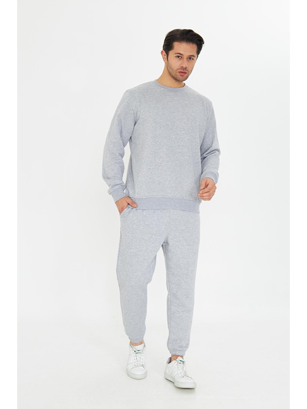 Gri Şardonsuz 3 Iplik Pamuklu Basic Bisiklet Yaka Unisex Eşofman Takımı 5738-1
