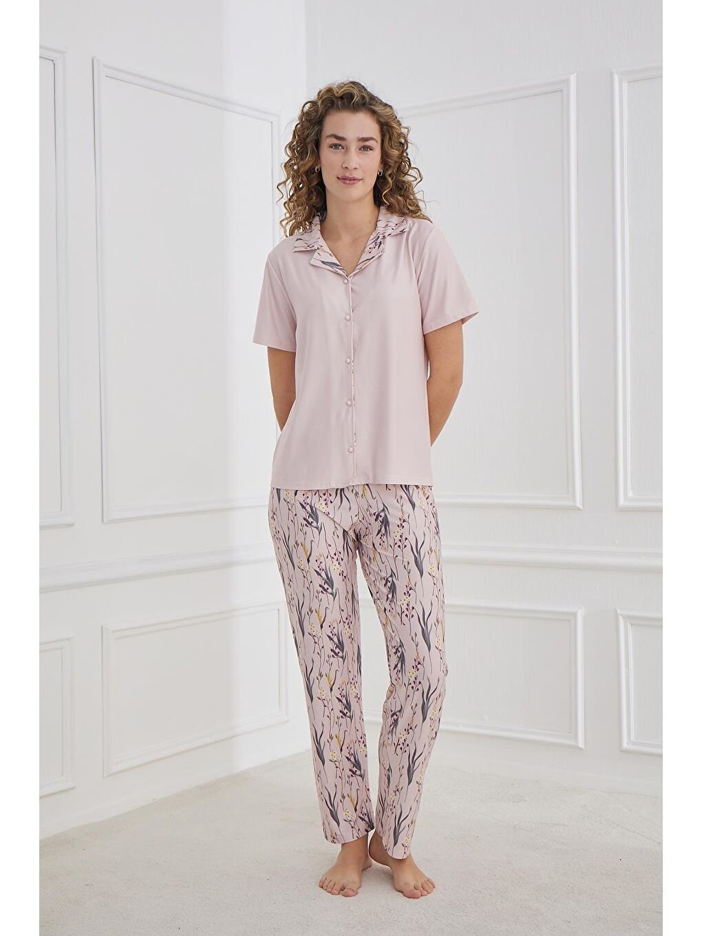 Kadın Polo Yaka Çiçek Desenli Önden Düğmeli Pijama Takım | Lila 30101-946