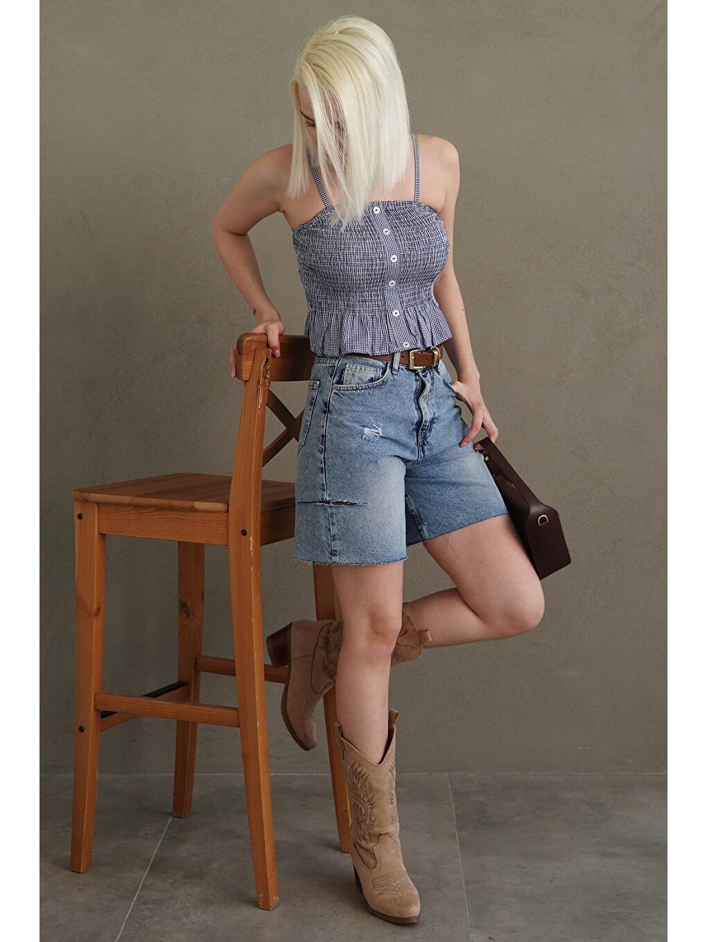 Mavi Saks Ayarlanabilir Askı Pötikareli Crop Mg2371-3