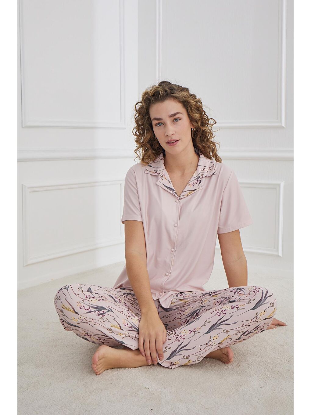 Kadın Polo Yaka Çiçek Desenli Önden Düğmeli Pijama Takım | Lila 30101-946-1