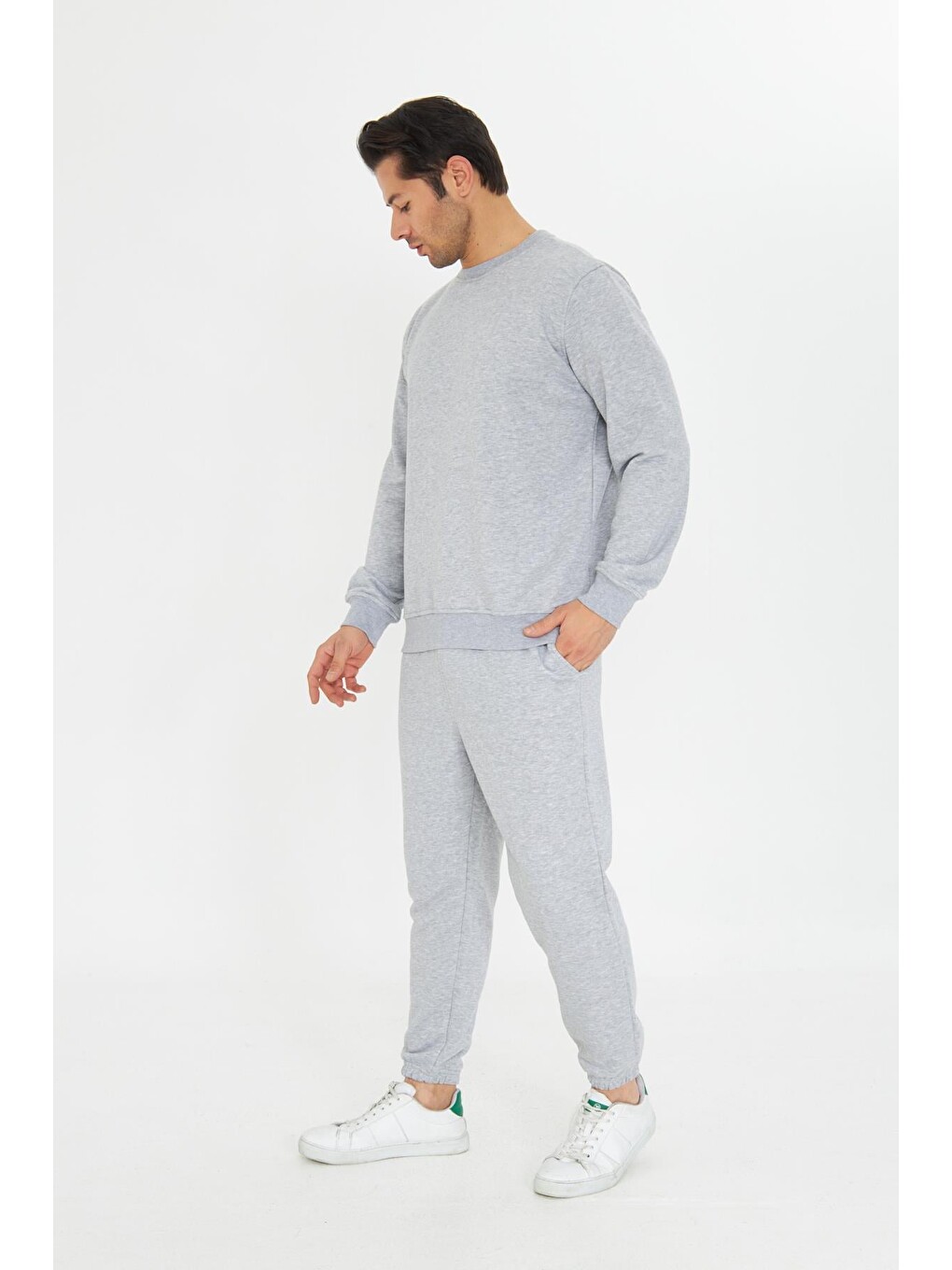Gri Şardonsuz 3 Iplik Pamuklu Basic Bisiklet Yaka Unisex Eşofman Takımı 5738-3